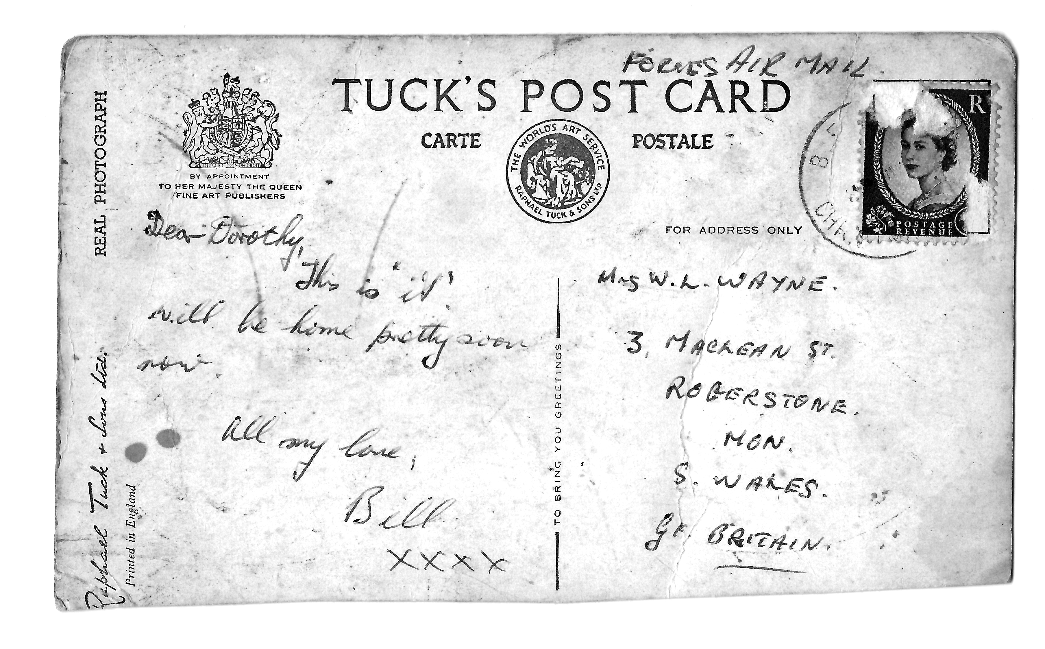 "Dear Dorothy, This is it. Will be home pretty soon now. All my love, Bill" - a postcard home from Chistmas Island.