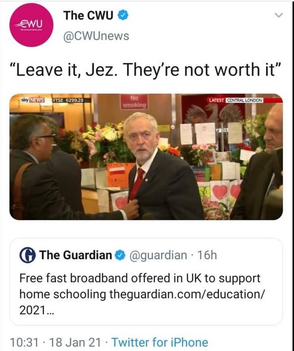Guardian headline about free broadband being needed for schooling, with caption "leave it Jez. They're not worth it."