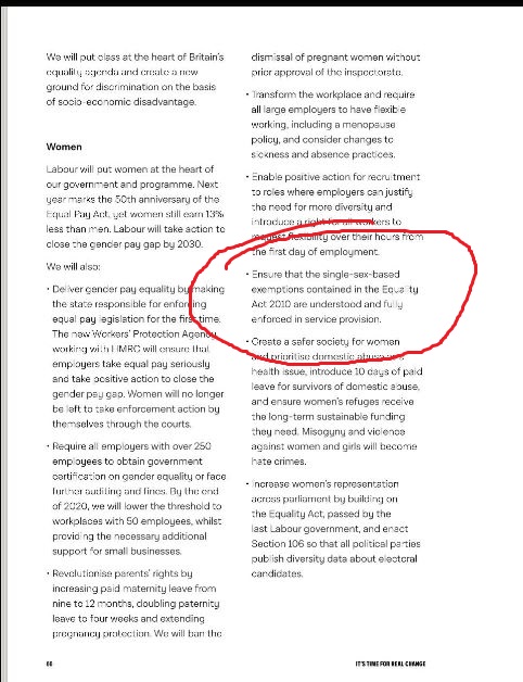 "nsure that the single-sex based exemptions contained in the Equality Act 2010 are understood and fully enforced in service provision." - 2019 manifesto, p66