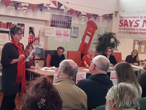 Julia addresses the public meeting at the Isabel Blackman Centre in St Leonards in October 2017, attended by Peter Chowney, then HBC Leader, also Laura Tarling, Post Office Ltd. spokesperson and Amber Rudd, then MP.