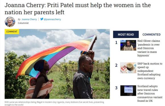 Header from Nationa Scot article "Joanna Cherry: Priti Patel must help the women from the nation her parents left