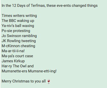 A Mumsnetter offers the lyrics for 'The 12 Days of Terfmas'