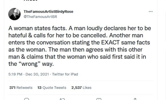 The famous artist birdy rose commentates on an exchange in which a woman is called hateful, then a man is accepted whilst saying the same things.