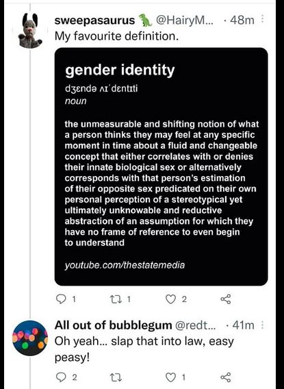 Definition of gender identity. Very long, and based on a 'personal perception of a stereotypical assumption'