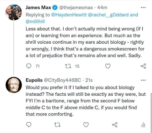 Tweets: one complains about 'shrill voices continue in my ears about biology'. Another offers to explain in his 'baritone'.