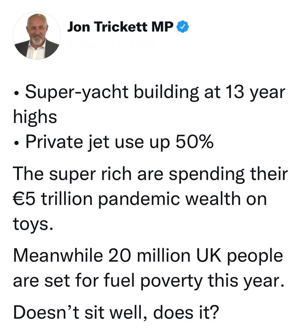 Jon Trickett: Super-yacht building at 13 year high. Price jet use up 50%...