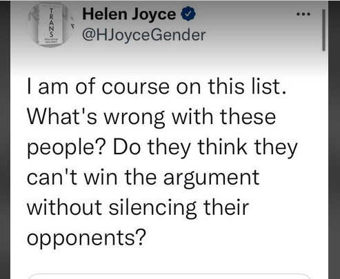 Helen Joyce tweet: 'I am, of course, on this list...'