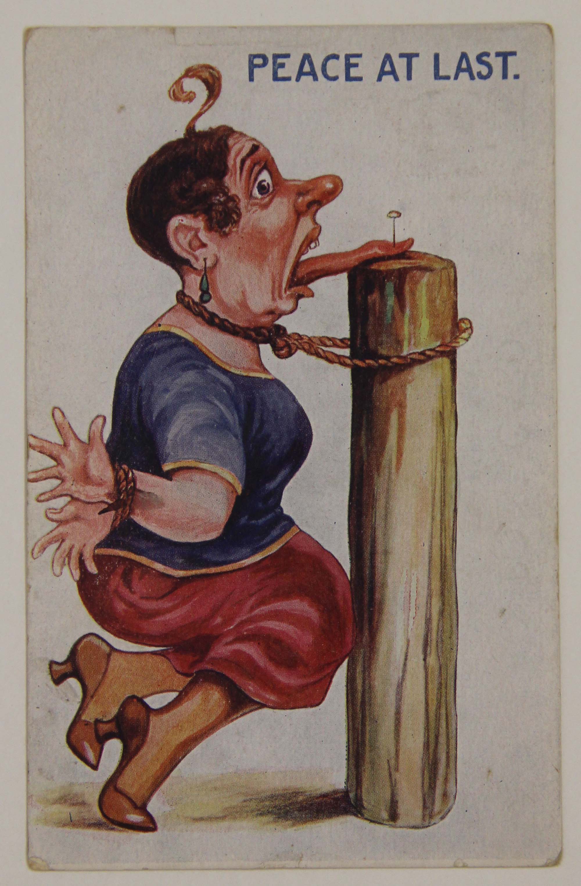 cartoon: woman's tongue nailed to a post