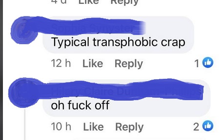 Comments: 'Typical transphonbic crap' 'oh f*** off'