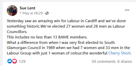 Facebook post by Sue Lent, celebrating Labour's win in Cardiff
