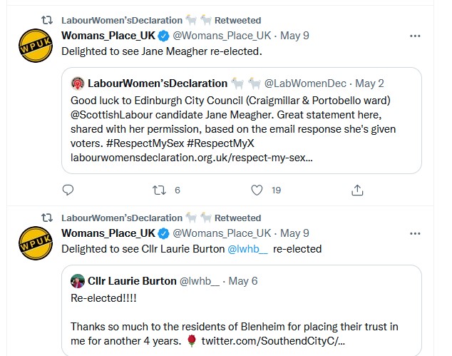 Women's Place tweets celebrating election victories