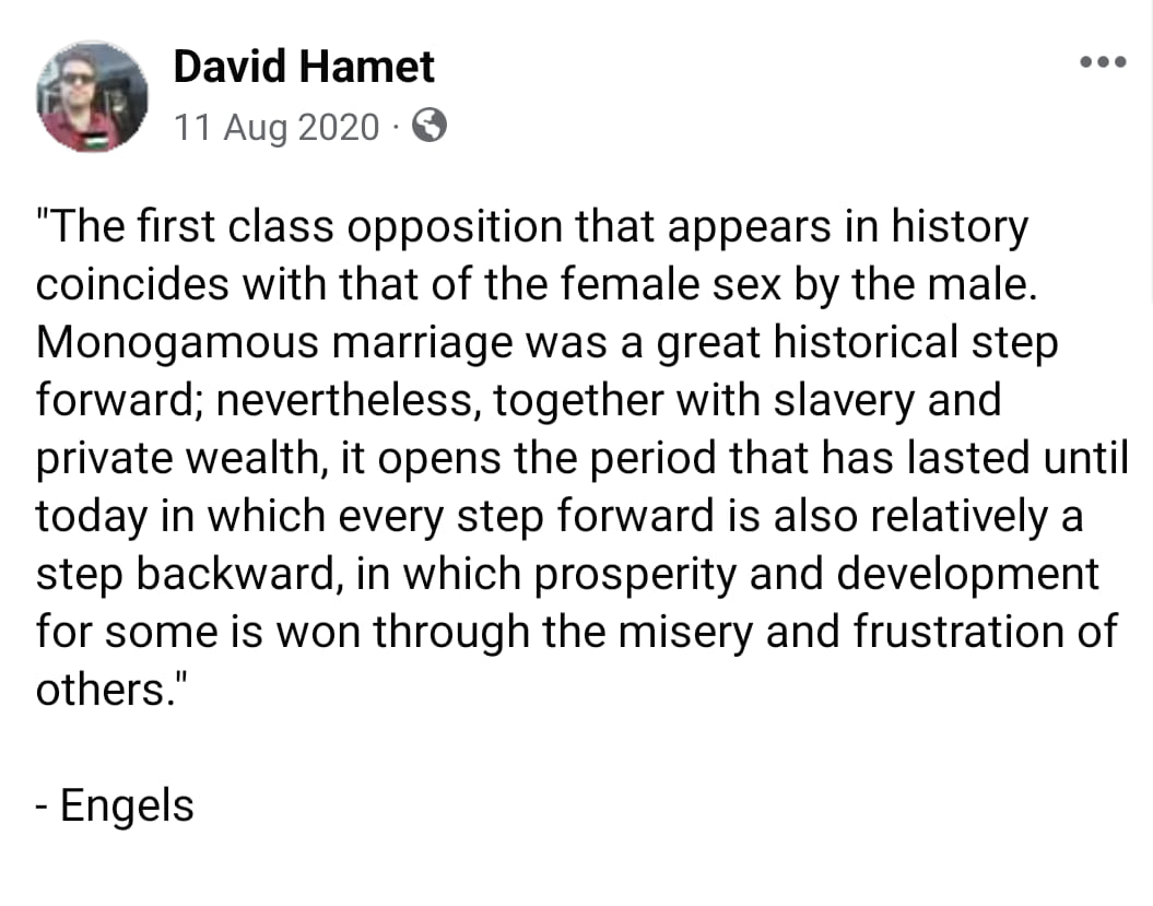 David Hamet quotes Engels on sex-based oppression