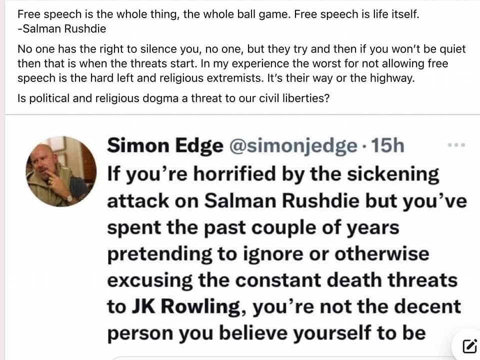 Simon Edge asks why people defend Saman Rushdie against threats but not JKRowling.