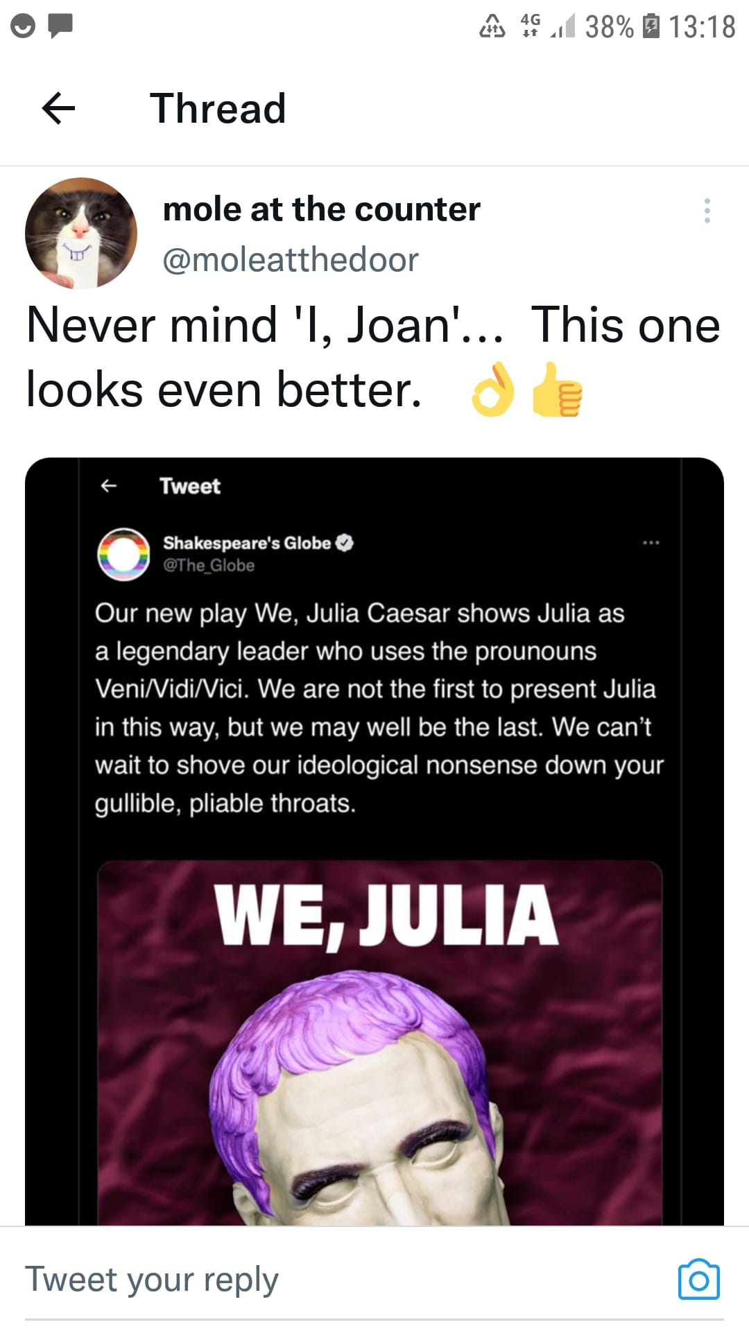 Mole at the counter presents "We, Julia"