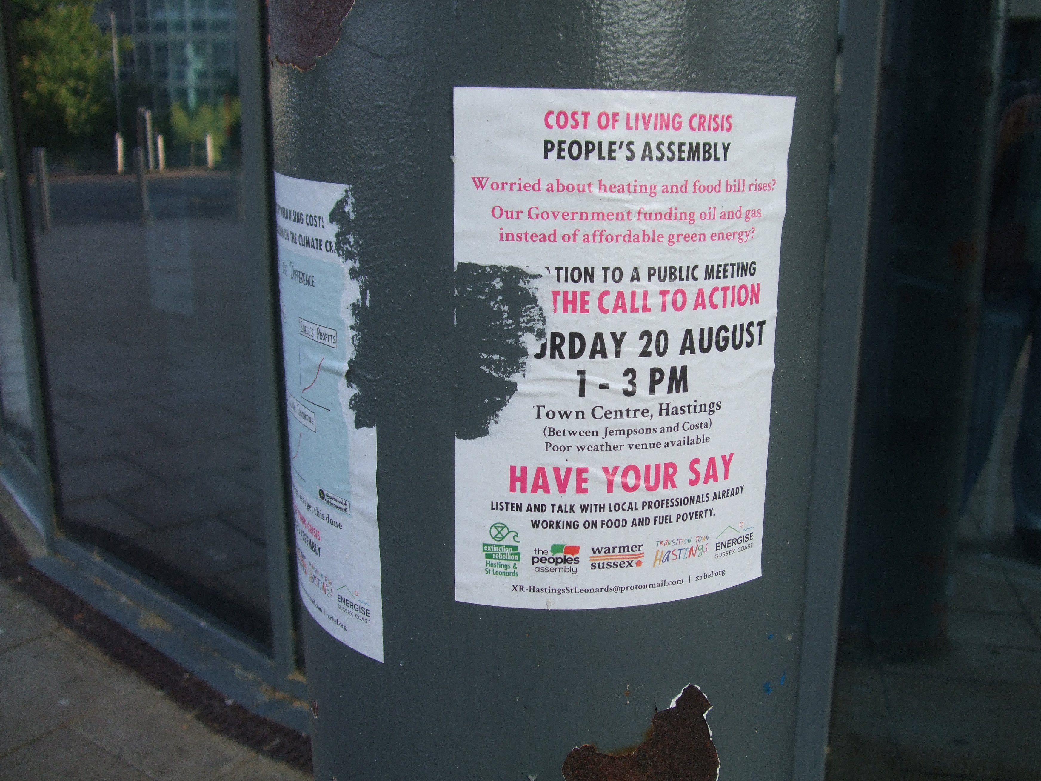 People's assembly flyer about the rally in Hastings at 1pm on 20th August