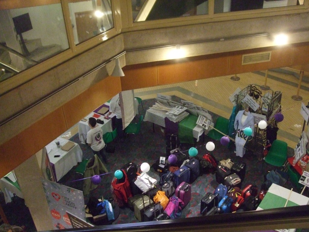 St David's Hall atruim with balloons in suffragette colours
