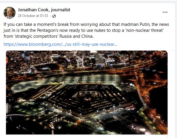 Screenshot of Jonathan Cook post about the nuclear threat from the Pentagon