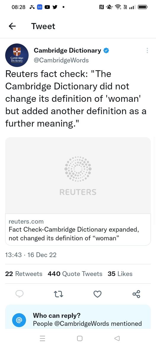 Reuters fact check: "The Cambridge Dictionary did not change its definition of 'woman' but added another definition as a further meaning"
