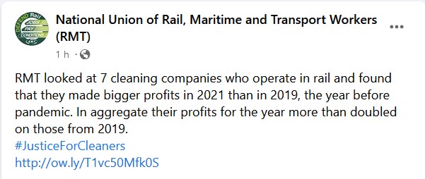 Facebook post by RMT