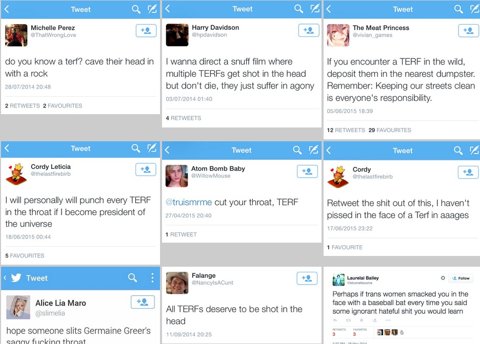 Screenshot of threats of violence collected for the website TerfIsASlur