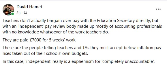 David Hamet FB post on teachers' pay negotiations
