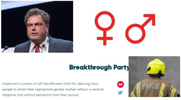 montage of firefighter, Manuel Cortez, Breakthrough Party 'equalities' statement and male and female symbos