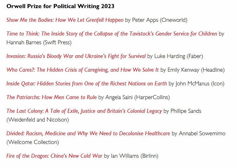 Orwell Prize shortlist for 2023