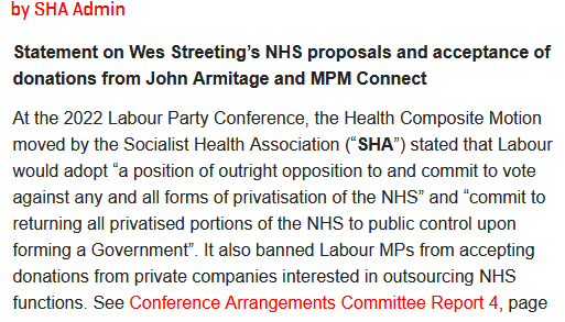 SHA statement on Wes Streeting's NHS proposals and acceptance of donations