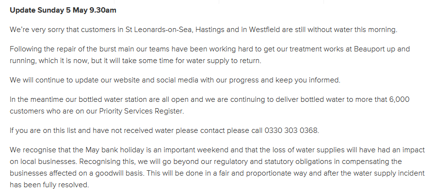 Southern Water incident updates screenshot