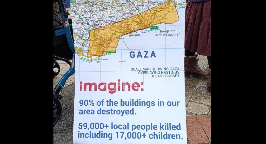 Map of Gaza superimposed on the strip of coast from Eastbourne to Hastings