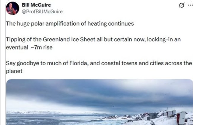 The huge polar amplification of heating continues. Tipping of the Greenland Ice Sheet all but certain now, locking in an eventual [approx] 7m rise. Say goodbye to much of Florida, and coastal towns and cities across the planet.