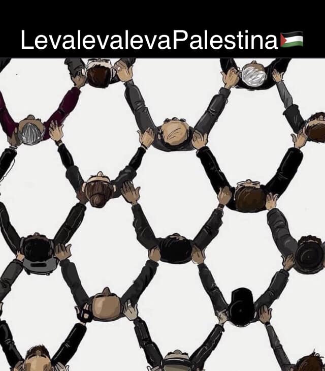 artwork: people linking arms in the fish-net pattern of the Keffiyah