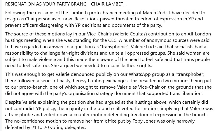 Stuart King resigns as chair of Lambeth YP branch