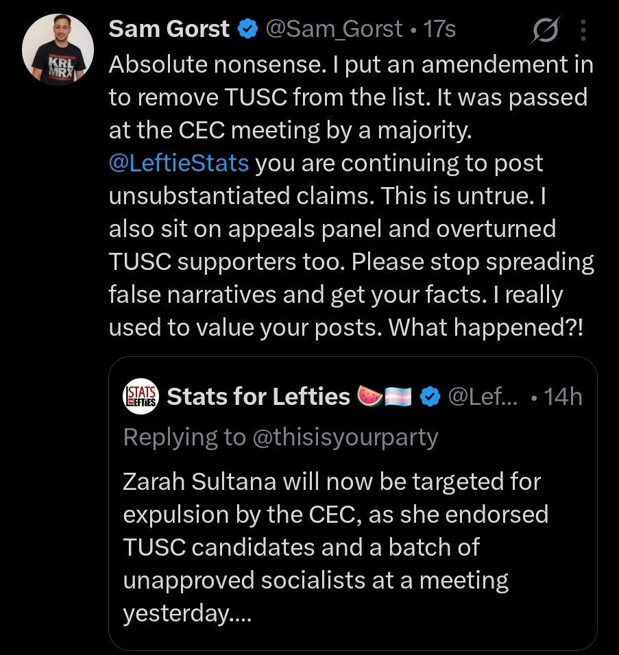Sam Gorst social media post calling out false claims