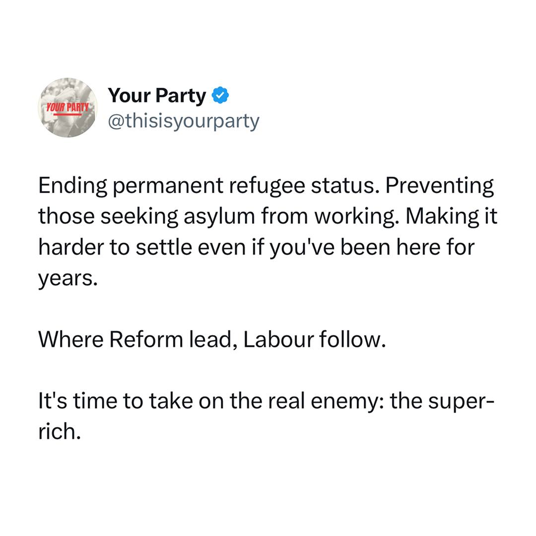 Your Party meme listing the Labour goverment's anti-refugee measures - 'where Reform lead, Labour follow'