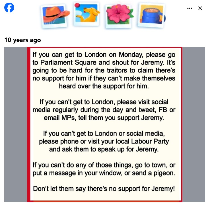 Soc media post: one of the many calling supporters together when the PLP tried to get rid of Corbyn