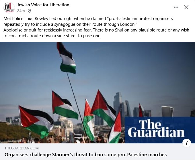 JVL screenshot of Guardian article: 'Organisers challenge Starmer's threat to ban some pro-Palestine marches