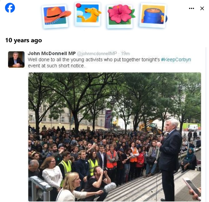Soc media post - John McDonnell addressing Corbyn supporters in Parliament Square