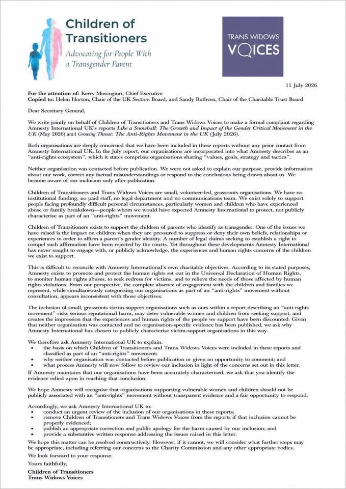 Children of Transitioners letter
