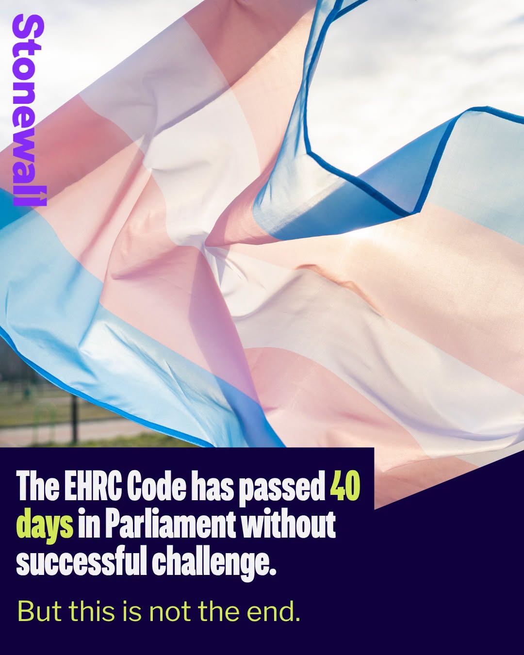 Stonewall header and baby-pink, powder-blue flag "The EHRC Code has passed 40 days in Parliament without successful challenge. But this is not the end.