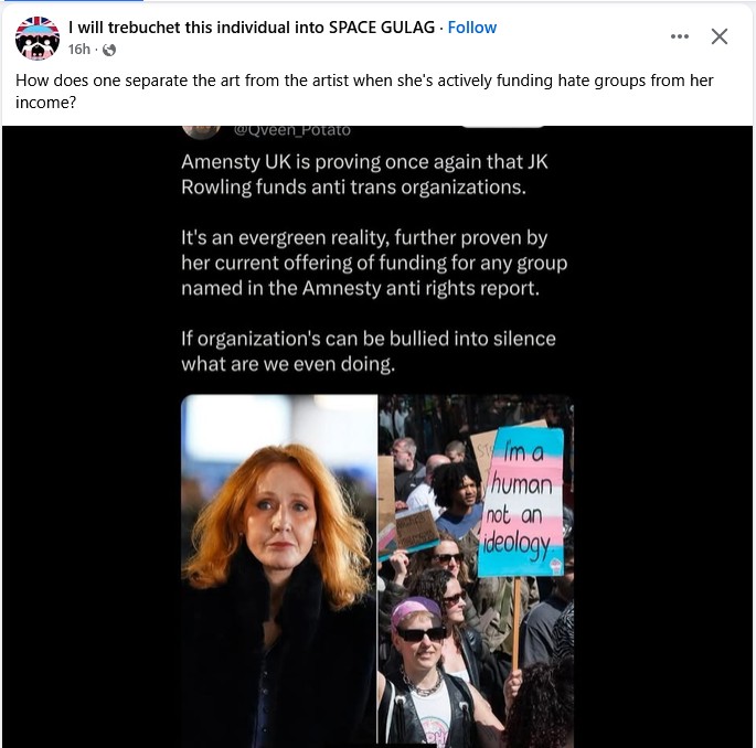 soc media account "I will trebuchet this individual into SPACE GULAG challenges JKR