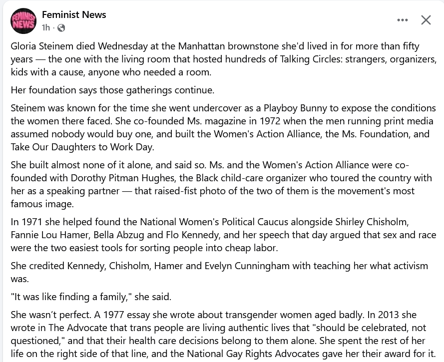 Obit for Steinem states 'She wasn't perfect. A 1977 essay she wrote about transgender women aged badly.