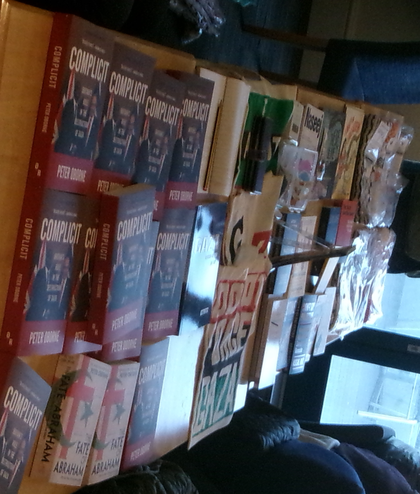 Peter Oborne's book, Complicit on the stall at PSC event, Oct 26